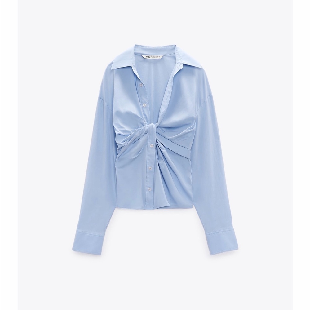 Zara Light Blue Twist Front Button Down Shirt